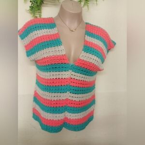 Striped Crochet Top in Pink, Teal, and Gray